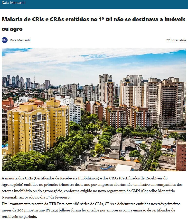 Maioria de CRIs e CRAs emitidos no 1 tri no se destinava a imveis ou agro